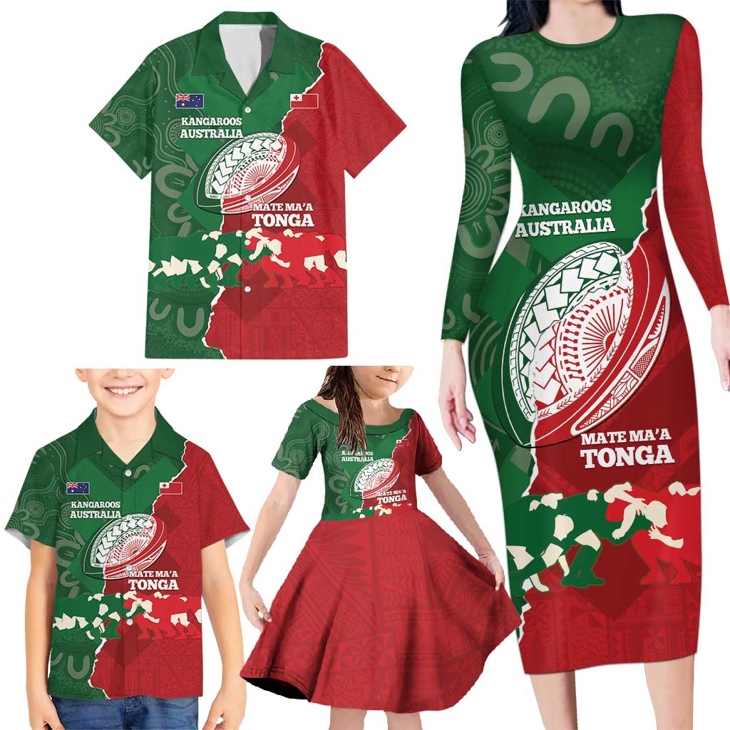 Custom Tonga And Australia Rugby Family Matching Long Sleeve Bodycon Dress and Hawaiian Shirt Mate Maa Tongan Ngatu Mix Kangaroos Aboriginal LT14 - Polynesian Pride