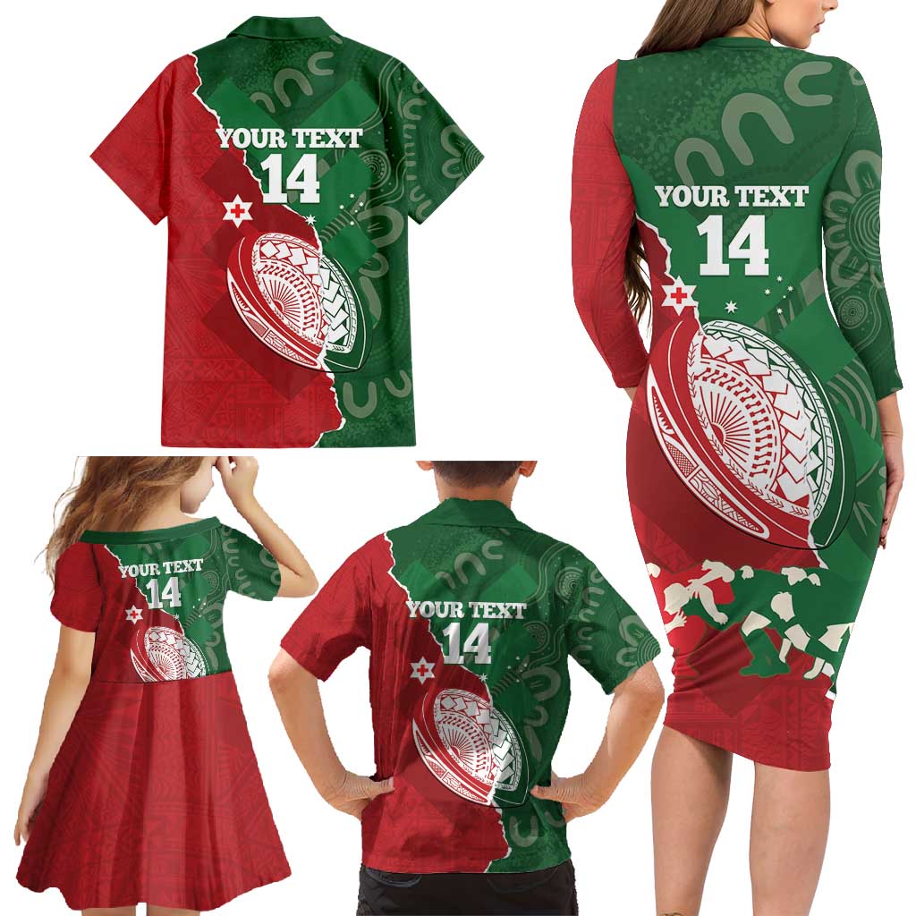 Custom Tonga And Australia Rugby Family Matching Long Sleeve Bodycon Dress and Hawaiian Shirt Mate Maa Tongan Ngatu Mix Kangaroos Aboriginal LT14 - Polynesian Pride