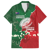 Custom Tonga And Australia Rugby Family Matching Long Sleeve Bodycon Dress and Hawaiian Shirt Mate Maa Tongan Ngatu Mix Kangaroos Aboriginal LT14 Dad's Shirt - Short Sleeve Green - Polynesian Pride