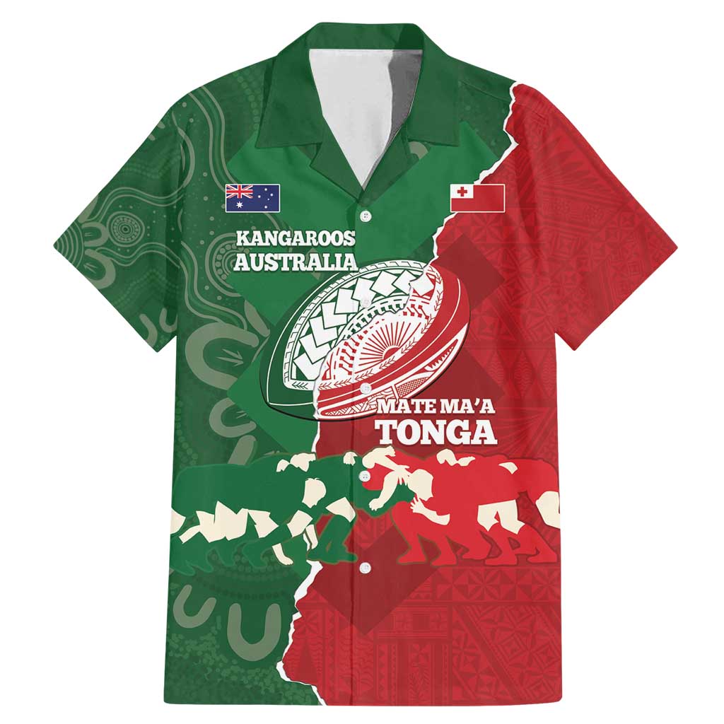 Custom Tonga And Australia Rugby Family Matching Mermaid Dress and Hawaiian Shirt Mate Maa Tongan Ngatu Mix Kangaroos Aboriginal LT14 Dad's Shirt - Short Sleeve Green - Polynesian Pride