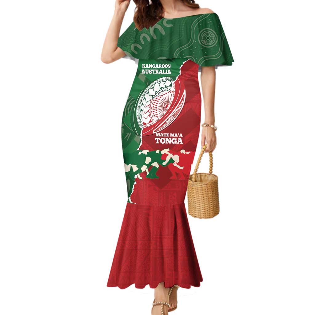 Custom Tonga And Australia Rugby Family Matching Mermaid Dress and Hawaiian Shirt Mate Maa Tongan Ngatu Mix Kangaroos Aboriginal LT14 Mom's Dress Green - Polynesian Pride
