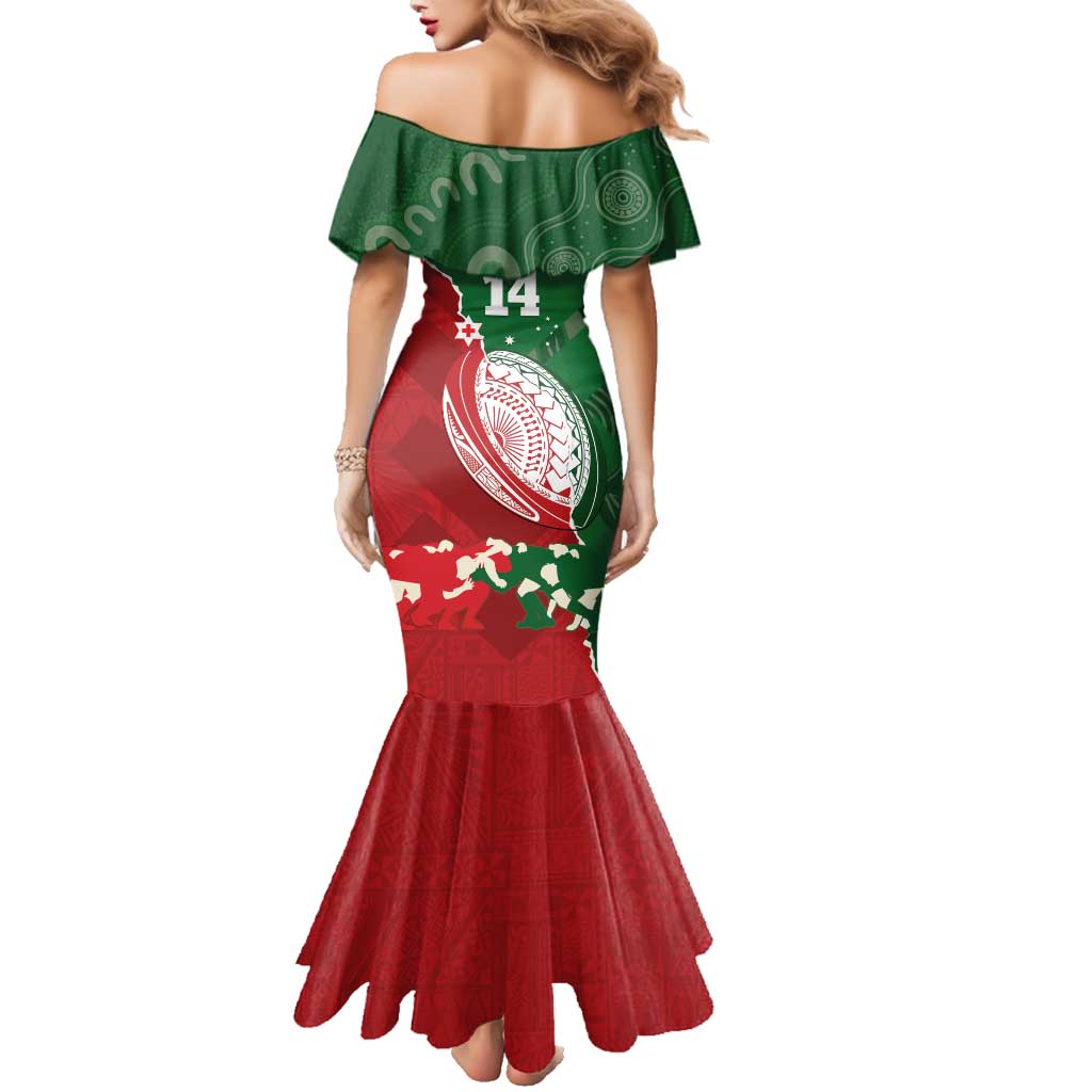 Custom Tonga And Australia Rugby Family Matching Mermaid Dress and Hawaiian Shirt Mate Maa Tongan Ngatu Mix Kangaroos Aboriginal LT14 - Polynesian Pride