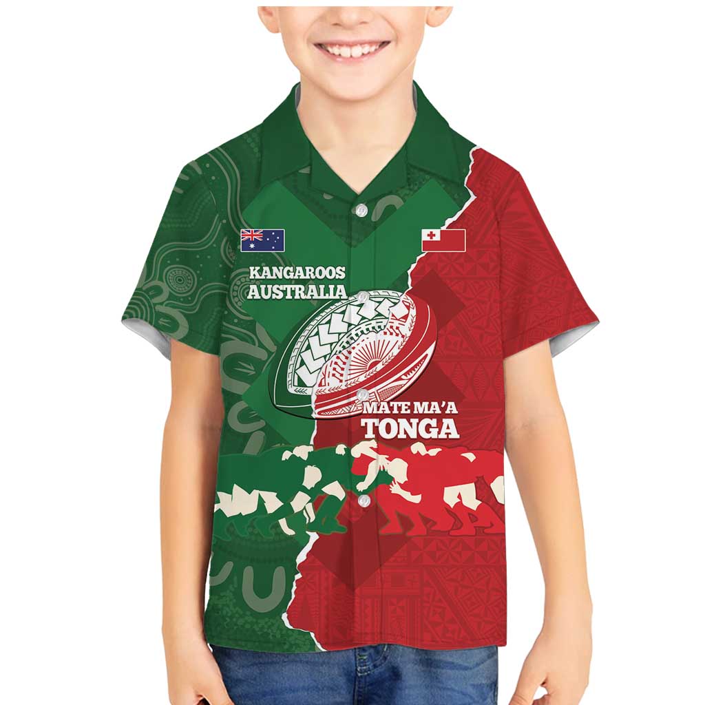 Custom Tonga And Australia Rugby Family Matching Mermaid Dress and Hawaiian Shirt Mate Maa Tongan Ngatu Mix Kangaroos Aboriginal LT14 Son's Shirt Green - Polynesian Pride