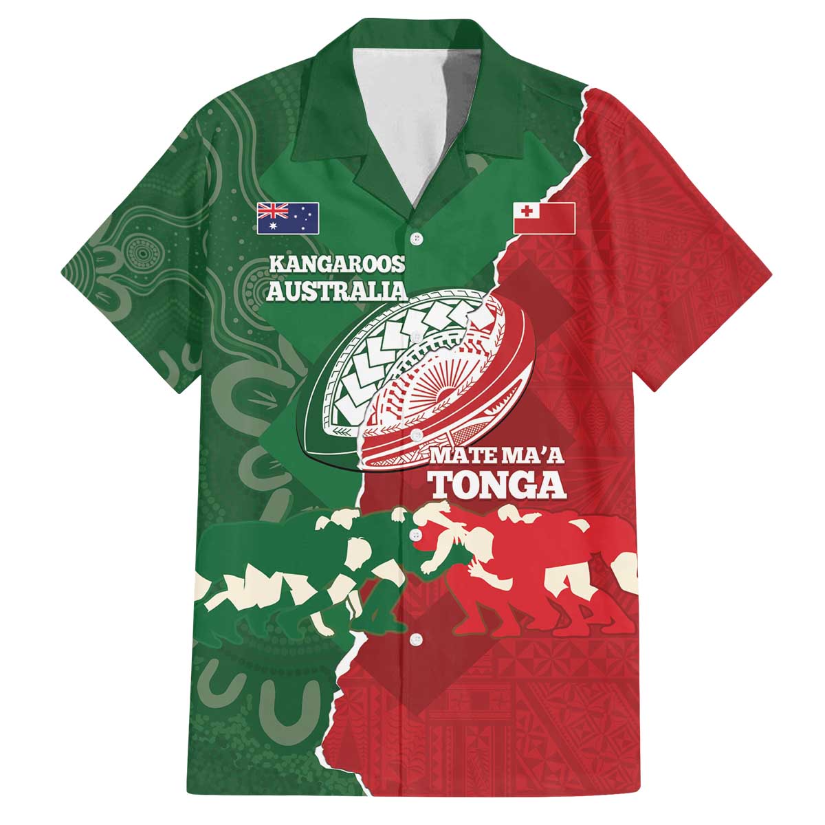Custom Tonga And Australia Rugby Family Matching Off The Shoulder Long Sleeve Dress and Hawaiian Shirt Mate Maa Tongan Ngatu Mix Kangaroos Aboriginal LT14 Dad's Shirt - Short Sleeve Green - Polynesian Pride