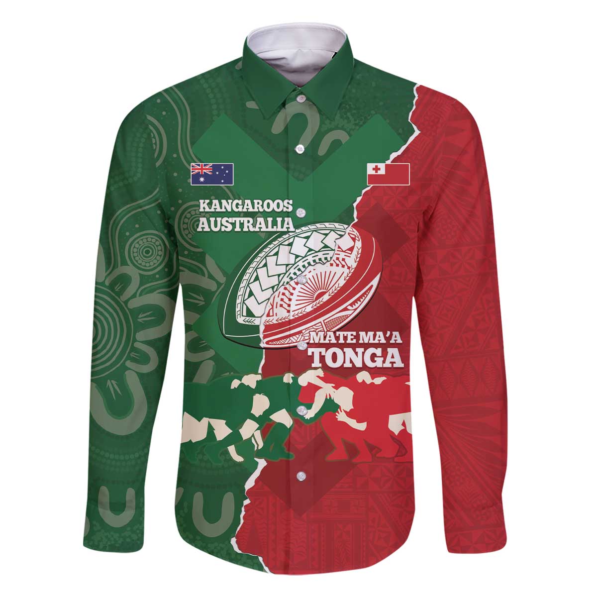 Custom Tonga And Australia Rugby Family Matching Off The Shoulder Long Sleeve Dress and Hawaiian Shirt Mate Maa Tongan Ngatu Mix Kangaroos Aboriginal LT14 Dad's Shirt - Long Sleeve Green - Polynesian Pride