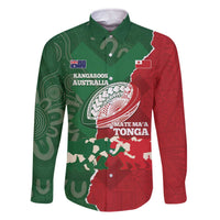 Custom Tonga And Australia Rugby Family Matching Off The Shoulder Long Sleeve Dress and Hawaiian Shirt Mate Maa Tongan Ngatu Mix Kangaroos Aboriginal LT14 Dad's Shirt - Long Sleeve Green - Polynesian Pride