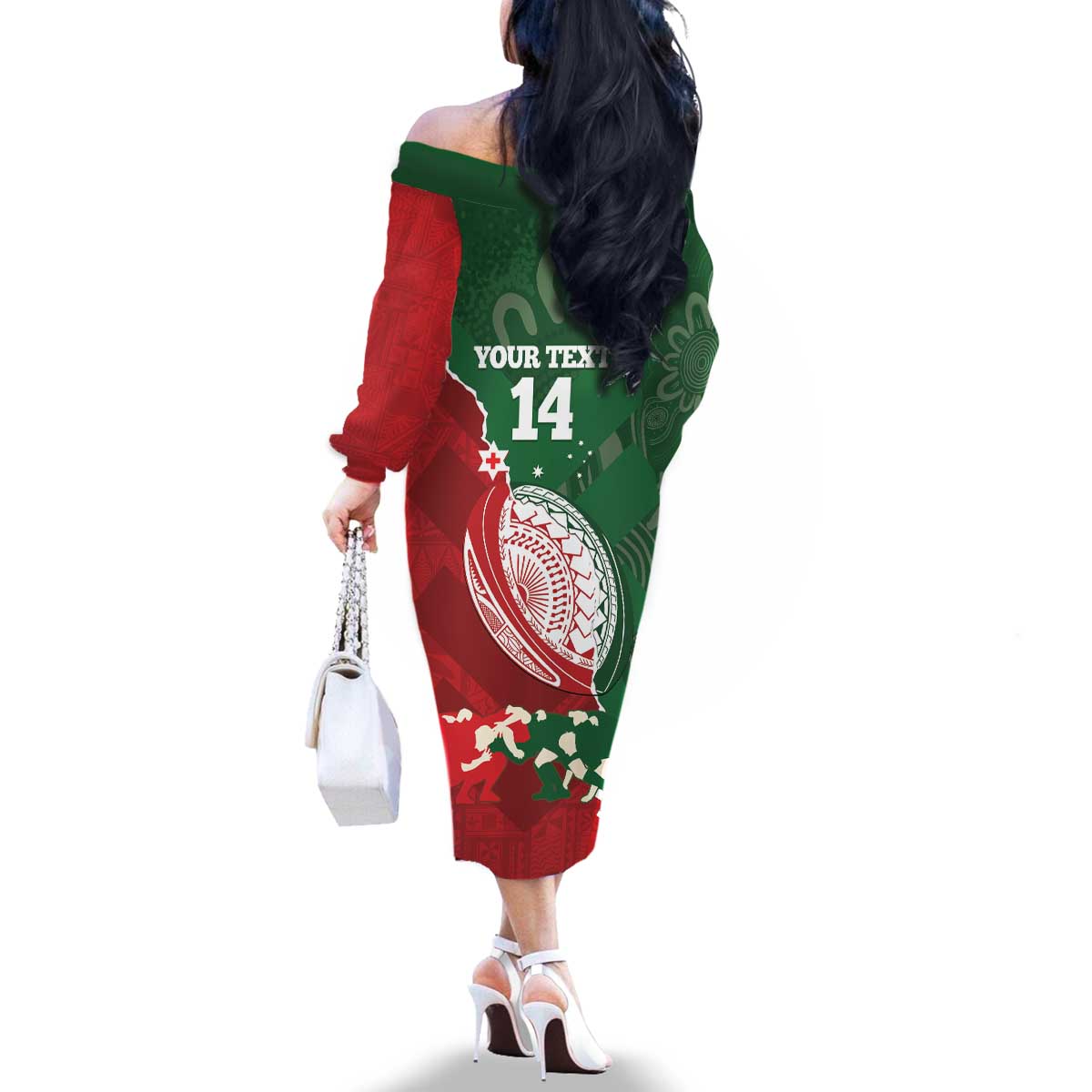 Custom Tonga And Australia Rugby Family Matching Off The Shoulder Long Sleeve Dress and Hawaiian Shirt Mate Maa Tongan Ngatu Mix Kangaroos Aboriginal LT14 - Polynesian Pride