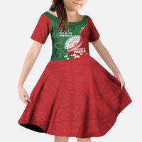 Custom Tonga And Australia Rugby Family Matching Off Shoulder Maxi Dress and Hawaiian Shirt Mate Maa Tongan Ngatu Mix Kangaroos Aboriginal LT14 Daughter's Dress Green - Polynesian Pride