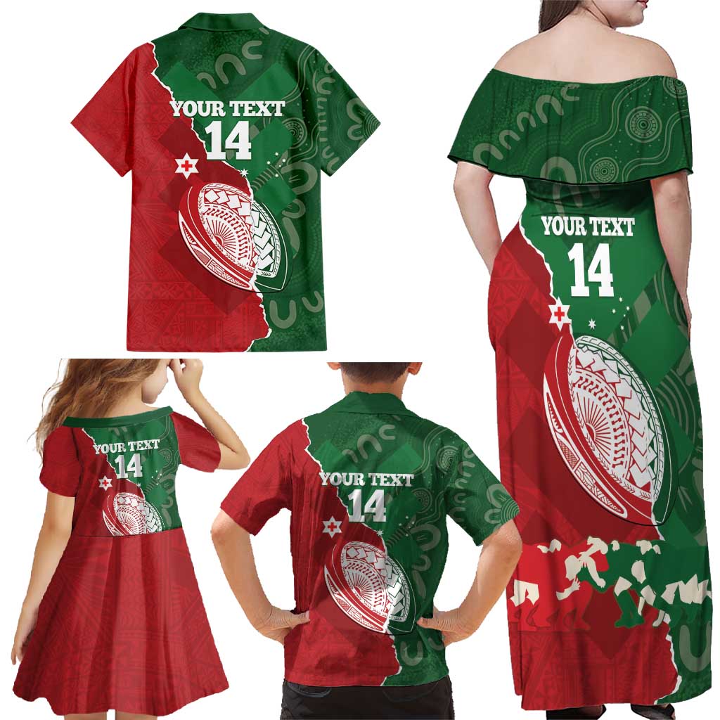Custom Tonga And Australia Rugby Family Matching Off Shoulder Maxi Dress and Hawaiian Shirt Mate Maa Tongan Ngatu Mix Kangaroos Aboriginal LT14 - Polynesian Pride