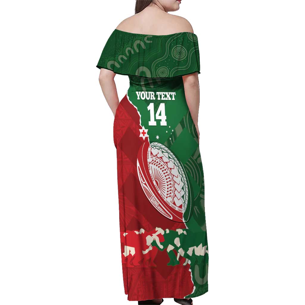 Custom Tonga And Australia Rugby Family Matching Off Shoulder Maxi Dress and Hawaiian Shirt Mate Maa Tongan Ngatu Mix Kangaroos Aboriginal LT14 - Polynesian Pride