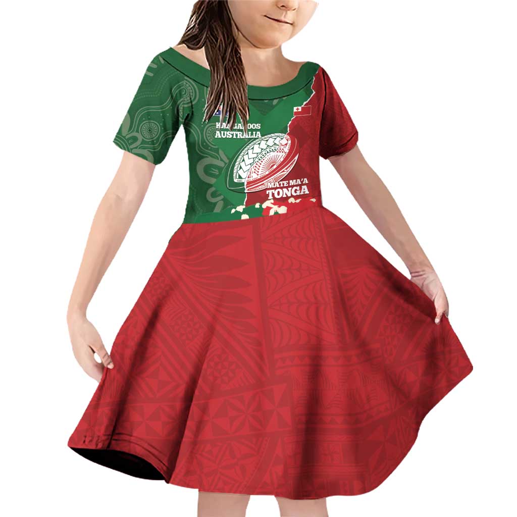 Custom Tonga And Australia Rugby Family Matching Off Shoulder Short Dress and Hawaiian Shirt Mate Maa Tongan Ngatu Mix Kangaroos Aboriginal LT14 Daughter's Dress Green - Polynesian Pride