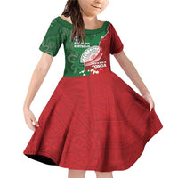 Custom Tonga And Australia Rugby Family Matching Off Shoulder Short Dress and Hawaiian Shirt Mate Maa Tongan Ngatu Mix Kangaroos Aboriginal LT14 Daughter's Dress Green - Polynesian Pride