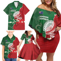 Custom Tonga And Australia Rugby Family Matching Off Shoulder Short Dress and Hawaiian Shirt Mate Maa Tongan Ngatu Mix Kangaroos Aboriginal LT14 - Polynesian Pride