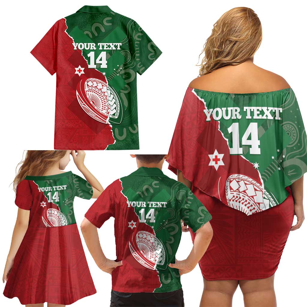 Custom Tonga And Australia Rugby Family Matching Off Shoulder Short Dress and Hawaiian Shirt Mate Maa Tongan Ngatu Mix Kangaroos Aboriginal LT14 - Polynesian Pride
