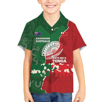 Custom Tonga And Australia Rugby Family Matching Off Shoulder Short Dress and Hawaiian Shirt Mate Maa Tongan Ngatu Mix Kangaroos Aboriginal LT14 Son's Shirt Green - Polynesian Pride