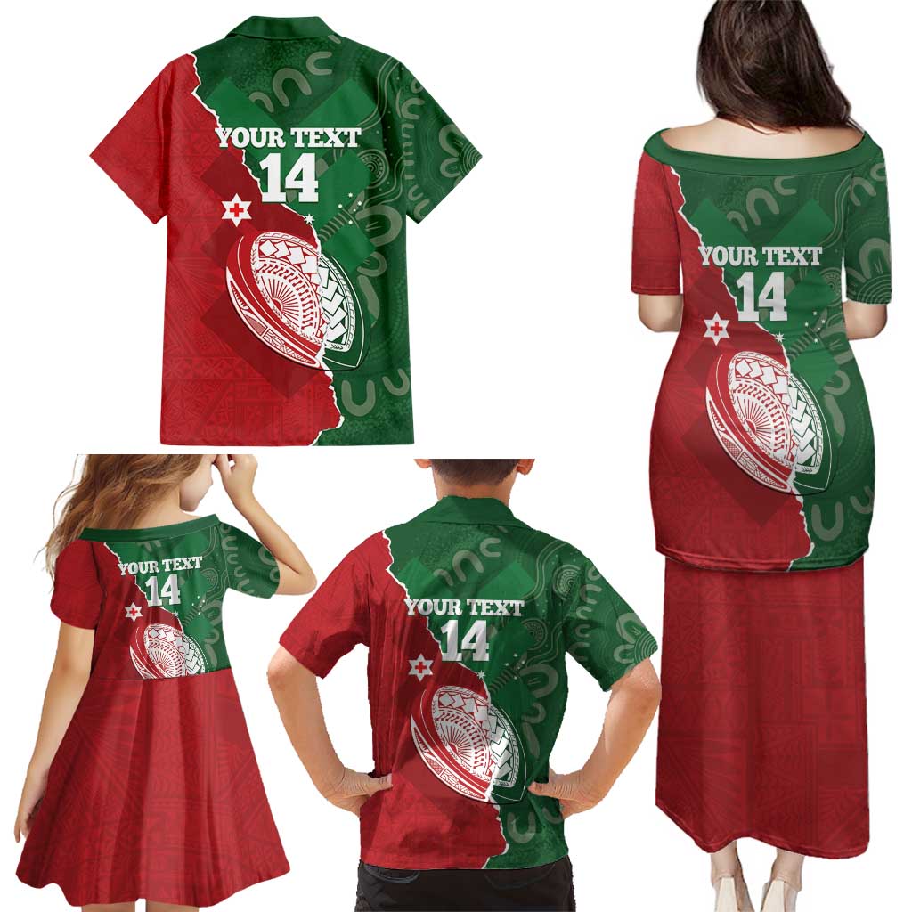 Custom Tonga And Australia Rugby Family Matching Puletasi and Hawaiian Shirt Mate Maa Tongan Ngatu Mix Kangaroos Aboriginal LT14 - Polynesian Pride