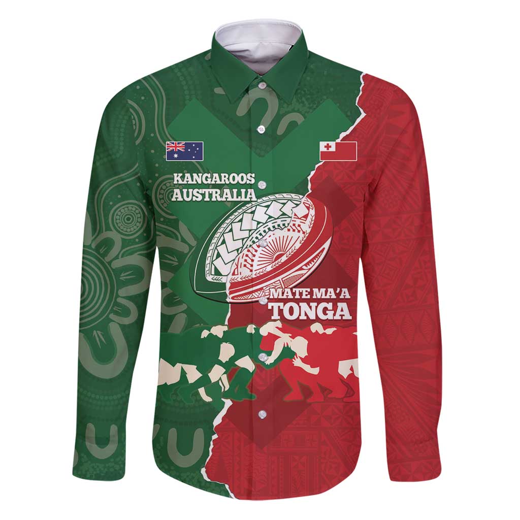 Custom Tonga And Australia Rugby Family Matching Puletasi and Hawaiian Shirt Mate Maa Tongan Ngatu Mix Kangaroos Aboriginal LT14 Dad's Shirt - Long Sleeve Green - Polynesian Pride