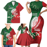 Custom Tonga And Australia Rugby Family Matching Short Sleeve Bodycon Dress and Hawaiian Shirt Mate Maa Tongan Ngatu Mix Kangaroos Aboriginal LT14 - Polynesian Pride