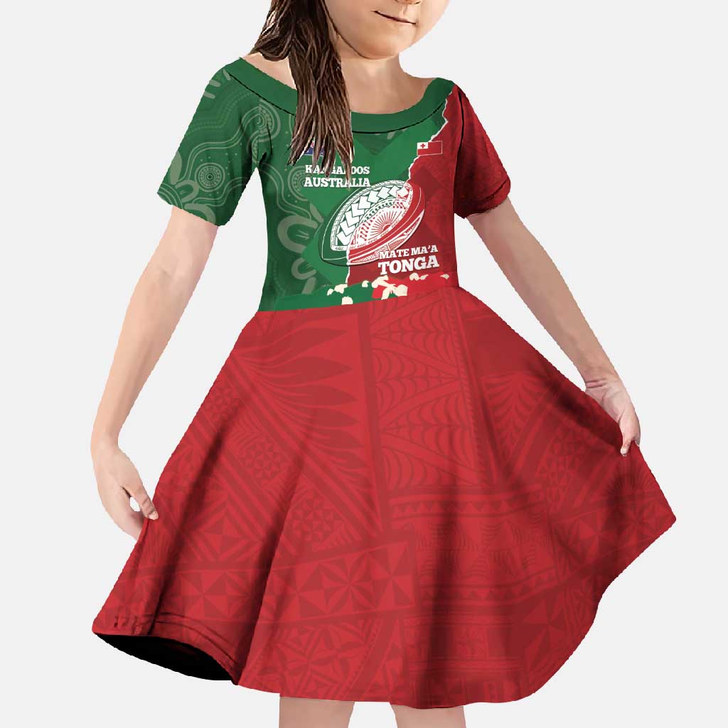 Custom Tonga And Australia Rugby Family Matching Summer Maxi Dress and Hawaiian Shirt Mate Maa Tongan Ngatu Mix Kangaroos Aboriginal LT14 Daughter's Dress Green - Polynesian Pride