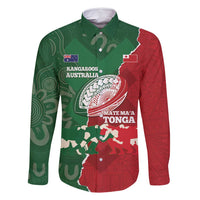 Custom Tonga And Australia Rugby Family Matching Summer Maxi Dress and Hawaiian Shirt Mate Maa Tongan Ngatu Mix Kangaroos Aboriginal LT14 Dad's Shirt - Long Sleeve Green - Polynesian Pride