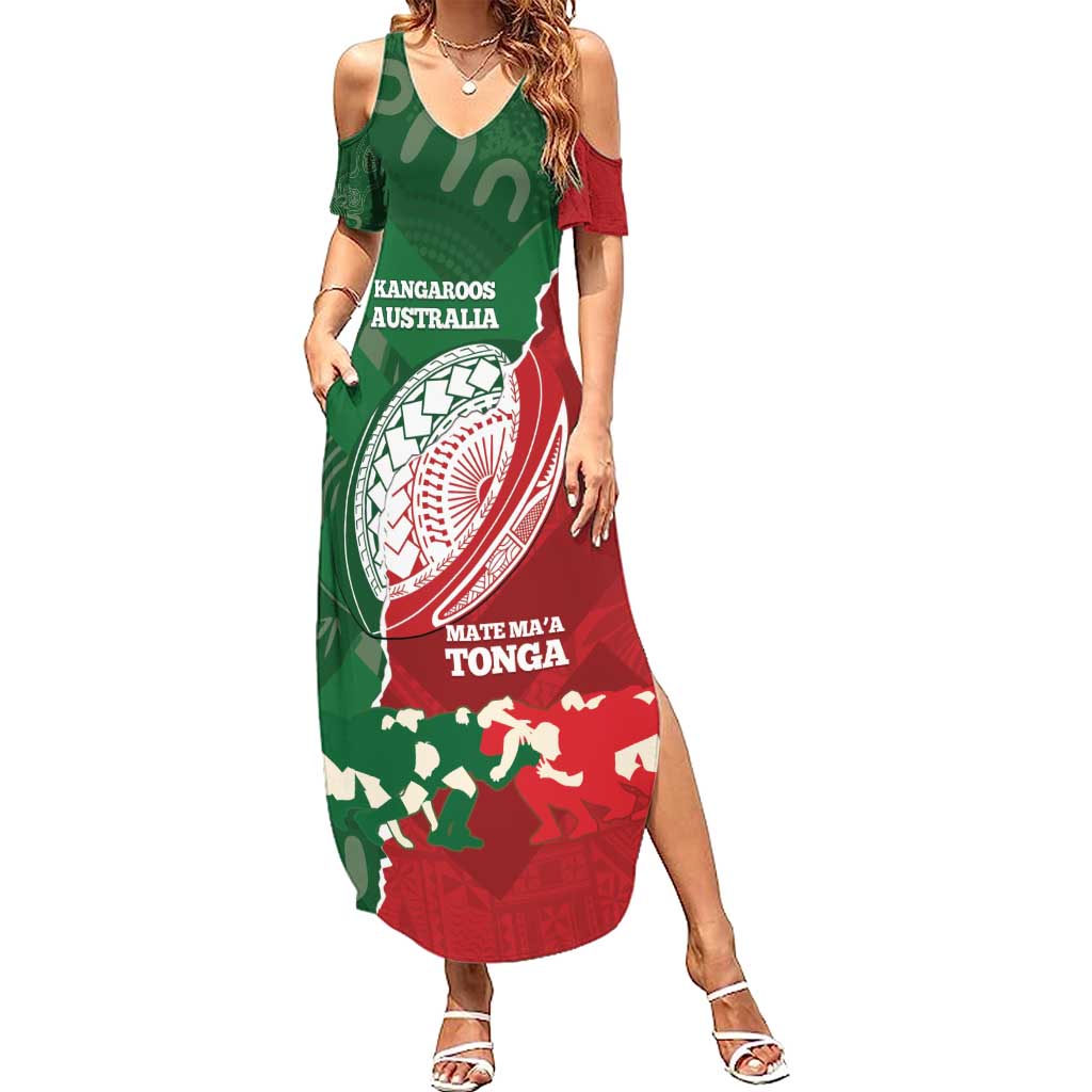 Custom Tonga And Australia Rugby Family Matching Summer Maxi Dress and Hawaiian Shirt Mate Maa Tongan Ngatu Mix Kangaroos Aboriginal LT14 Mom's Dress Green - Polynesian Pride