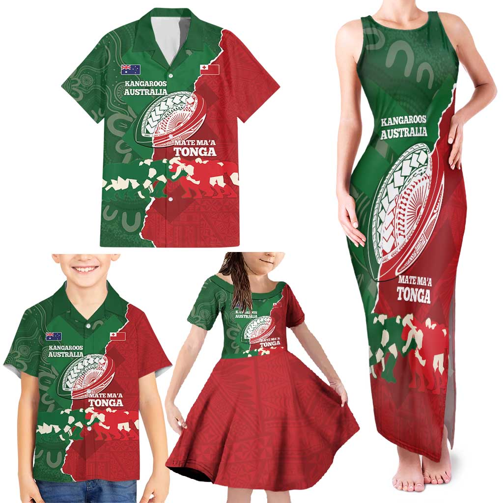 Custom Tonga And Australia Rugby Family Matching Tank Maxi Dress and Hawaiian Shirt Mate Maa Tongan Ngatu Mix Kangaroos Aboriginal LT14 - Polynesian Pride