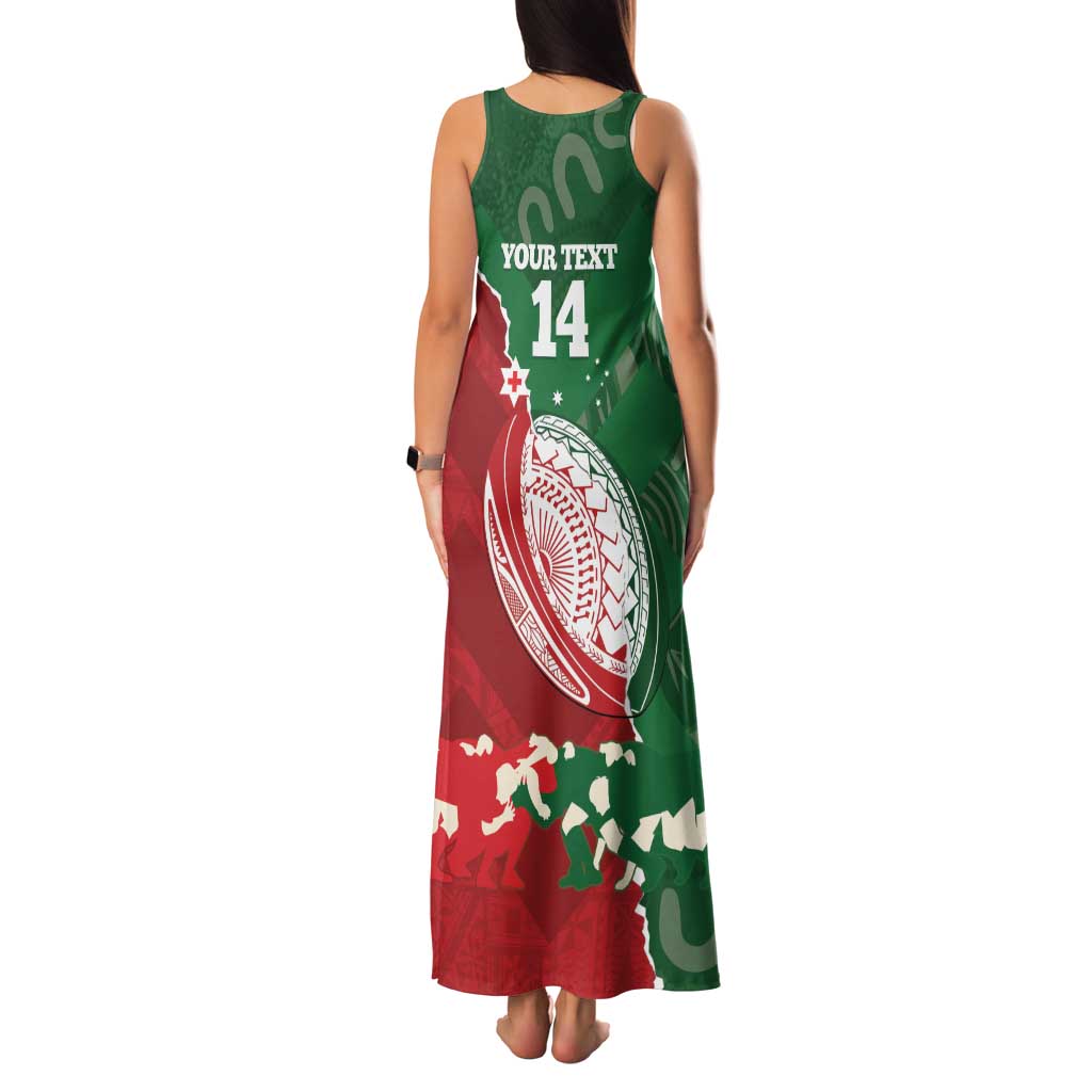 Custom Tonga And Australia Rugby Family Matching Tank Maxi Dress and Hawaiian Shirt Mate Maa Tongan Ngatu Mix Kangaroos Aboriginal LT14 - Polynesian Pride