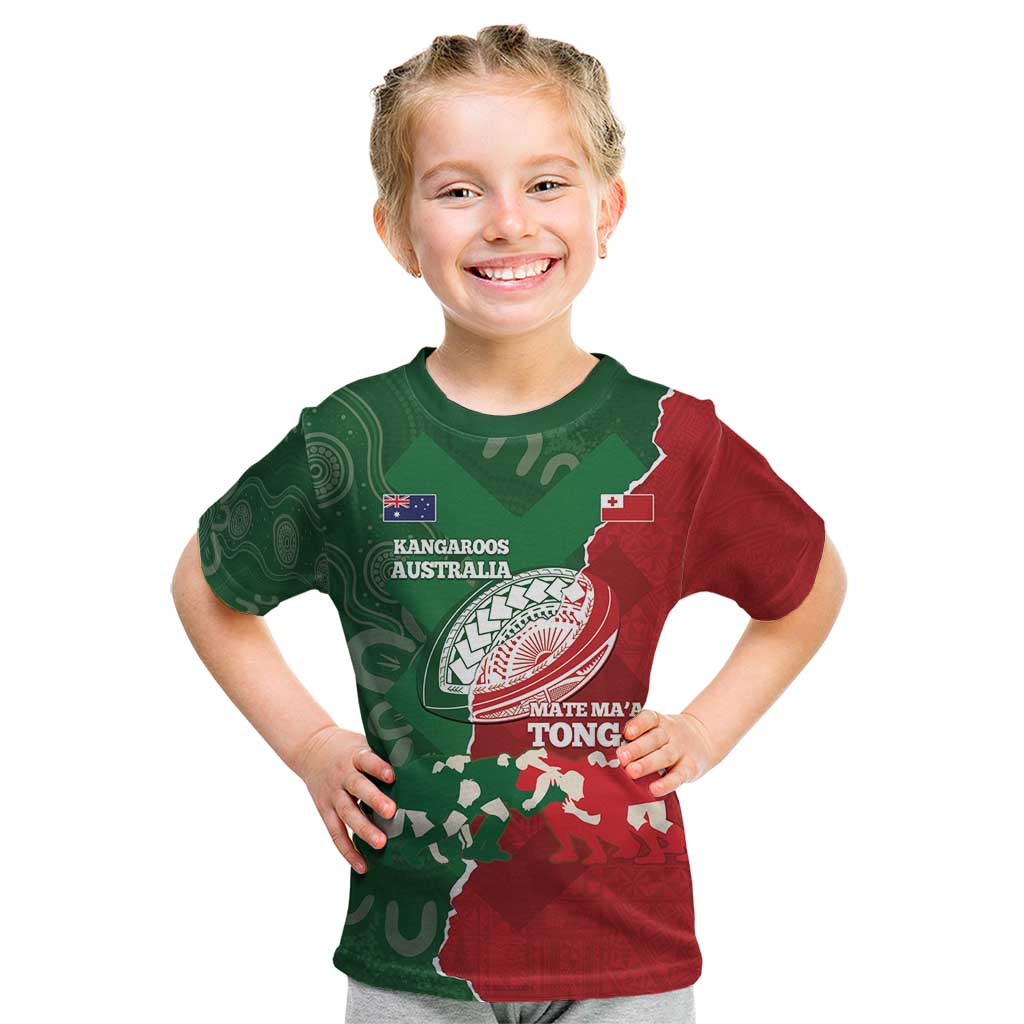 Custom Tonga And Australia Rugby Kid T Shirt Mate Maa Tongan Ngatu Mix Kangaroos Aboriginal
