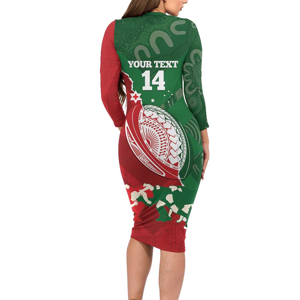 Custom Tonga And Australia Rugby Long Sleeve Bodycon Dress Mate Maa Tongan Ngatu Mix Kangaroos Aboriginal LT14 - Polynesian Pride
