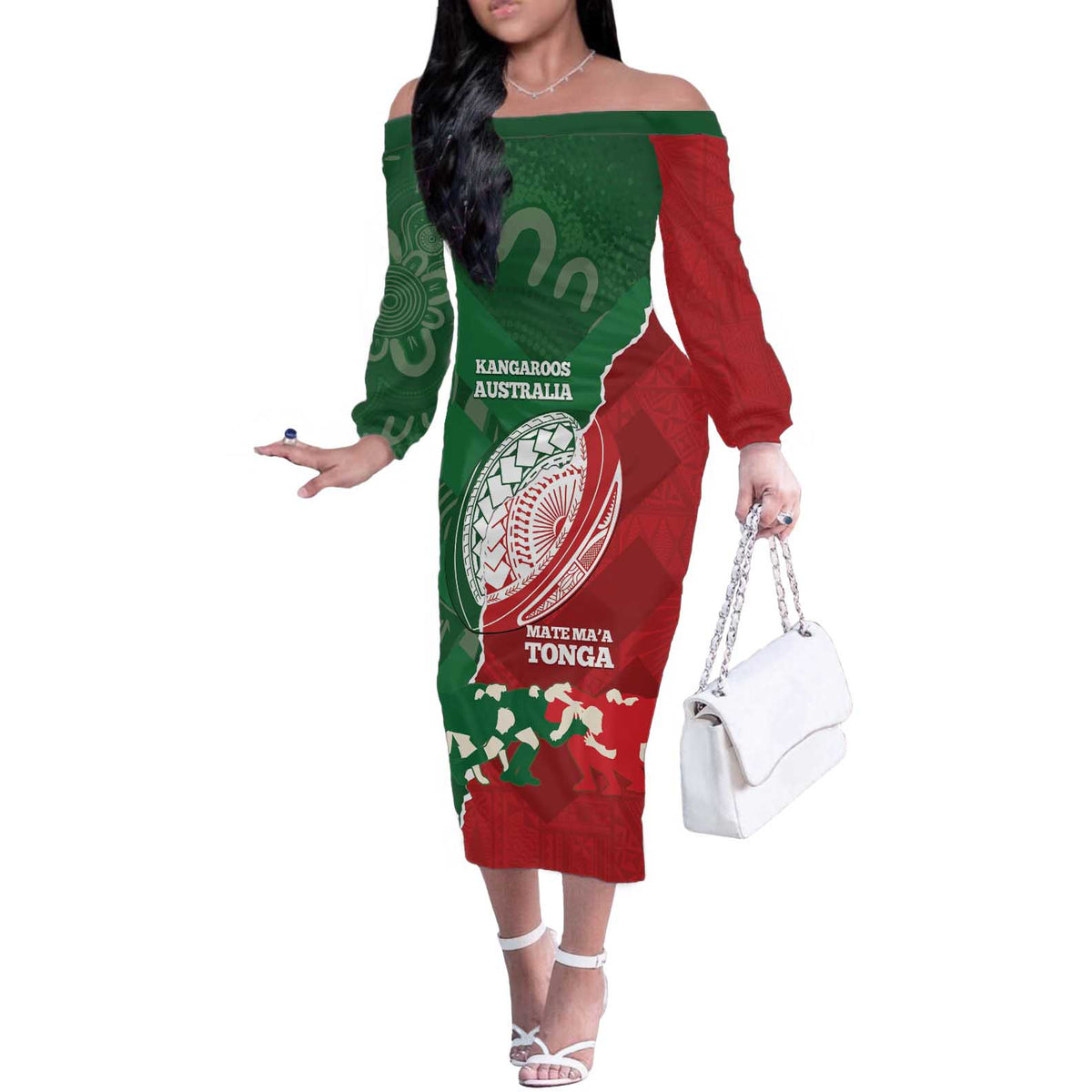 Custom Tonga And Australia Rugby Off The Shoulder Long Sleeve Dress Mate Maa Tongan Ngatu Mix Kangaroos Aboriginal LT14 Women Green - Polynesian Pride