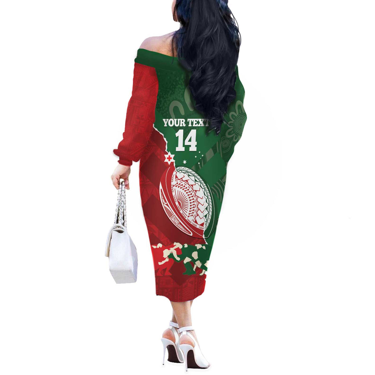 Custom Tonga And Australia Rugby Off The Shoulder Long Sleeve Dress Mate Maa Tongan Ngatu Mix Kangaroos Aboriginal LT14 - Polynesian Pride
