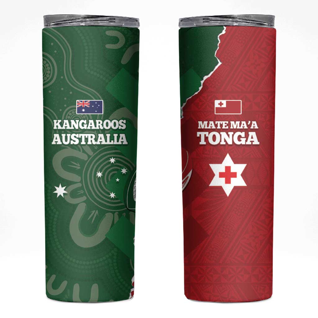 Tonga And Australia Rugby Skinny Tumbler Mate Maa Tongan Ngatu Mix Kangaroos Aboriginal LT14 Green - Polynesian Pride