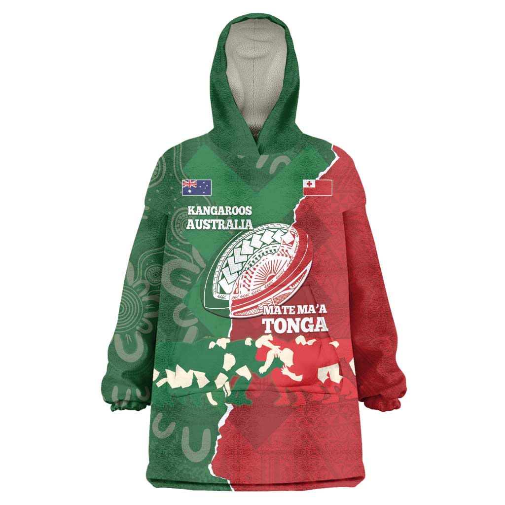 Custom Tonga And Australia Rugby Wearable Blanket Hoodie Mate Maa Tongan Ngatu Mix Kangaroos Aboriginal LT14 One Size Green - Polynesian Pride