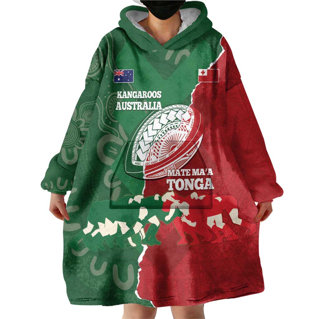 Custom Tonga And Australia Rugby Wearable Blanket Hoodie Mate Maa Tongan Ngatu Mix Kangaroos Aboriginal LT14 - Polynesian Pride