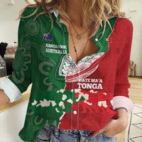 Custom Tonga And Australia Rugby Women Casual Shirt Mate Maa Tongan Ngatu Mix Kangaroos Aboriginal LT14 Female Green - Polynesian Pride
