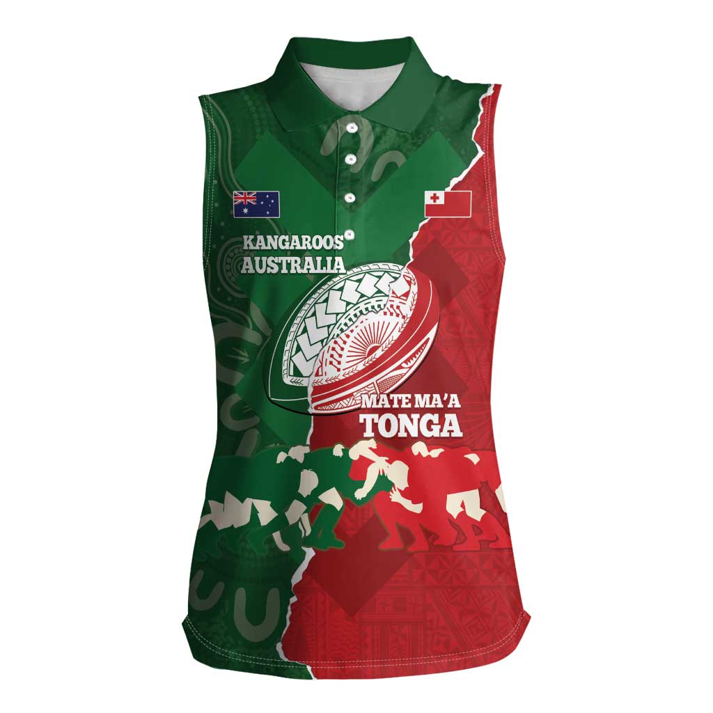 Custom Tonga And Australia Rugby Women Sleeveless Polo Shirt Mate Maa Tongan Ngatu Mix Kangaroos Aboriginal LT14 Female Green - Polynesian Pride