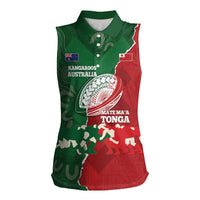 Custom Tonga And Australia Rugby Women Sleeveless Polo Shirt Mate Maa Tongan Ngatu Mix Kangaroos Aboriginal LT14 Female Green - Polynesian Pride