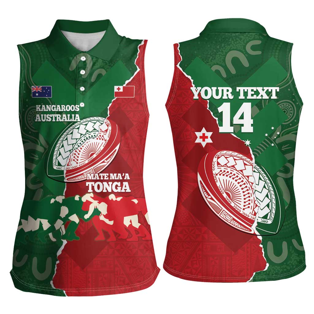 Custom Tonga And Australia Rugby Women Sleeveless Polo Shirt Mate Maa Tongan Ngatu Mix Kangaroos Aboriginal LT14 - Polynesian Pride