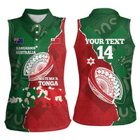 Custom Tonga And Australia Rugby Women Sleeveless Polo Shirt Mate Maa Tongan Ngatu Mix Kangaroos Aboriginal LT14 - Polynesian Pride