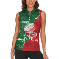 Custom Tonga And Australia Rugby Women Sleeveless Polo Shirt Mate Maa Tongan Ngatu Mix Kangaroos Aboriginal LT14 - Polynesian Pride