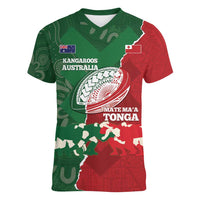 Custom Tonga And Australia Rugby Women V-Neck T-Shirt Mate Maa Tongan Ngatu Mix Kangaroos Aboriginal LT14 Female Green - Polynesian Pride