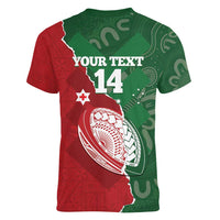 Custom Tonga And Australia Rugby Women V-Neck T-Shirt Mate Maa Tongan Ngatu Mix Kangaroos Aboriginal LT14 - Polynesian Pride