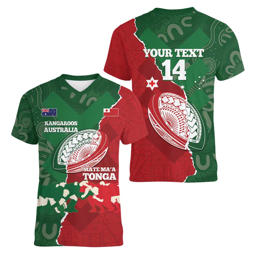 Custom Tonga And Australia Rugby Women V-Neck T-Shirt Mate Maa Tongan Ngatu Mix Kangaroos Aboriginal LT14 - Polynesian Pride