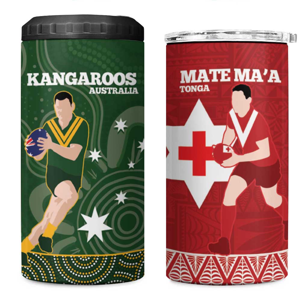 Personalised Mate Maa Tonga And Kangaroo Australia 4 in 1 Can Cooler Tumbler Tongan Kupesi Mix Aboriginal Art LT14 One Size: 16 oz Green - Polynesian Pride