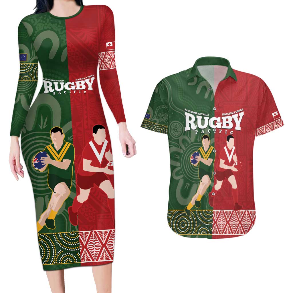 Custom Mate Maa Tonga And Kangaroo Australia Couples Matching Long Sleeve Bodycon Dress and Hawaiian Shirt Tongan Kupesi Mix Aboriginal Art LT14 Green - Polynesian Pride