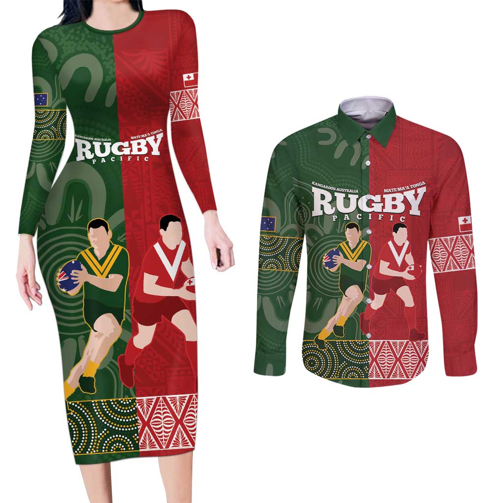 Custom Mate Maa Tonga And Kangaroo Australia Couples Matching Long Sleeve Bodycon Dress and Long Sleeve Button Shirt Tongan Kupesi Mix Aboriginal Art LT14 Green - Polynesian Pride