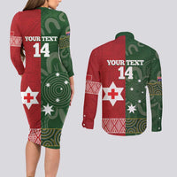 Custom Mate Maa Tonga And Kangaroo Australia Couples Matching Long Sleeve Bodycon Dress and Long Sleeve Button Shirt Tongan Kupesi Mix Aboriginal Art LT14 - Polynesian Pride