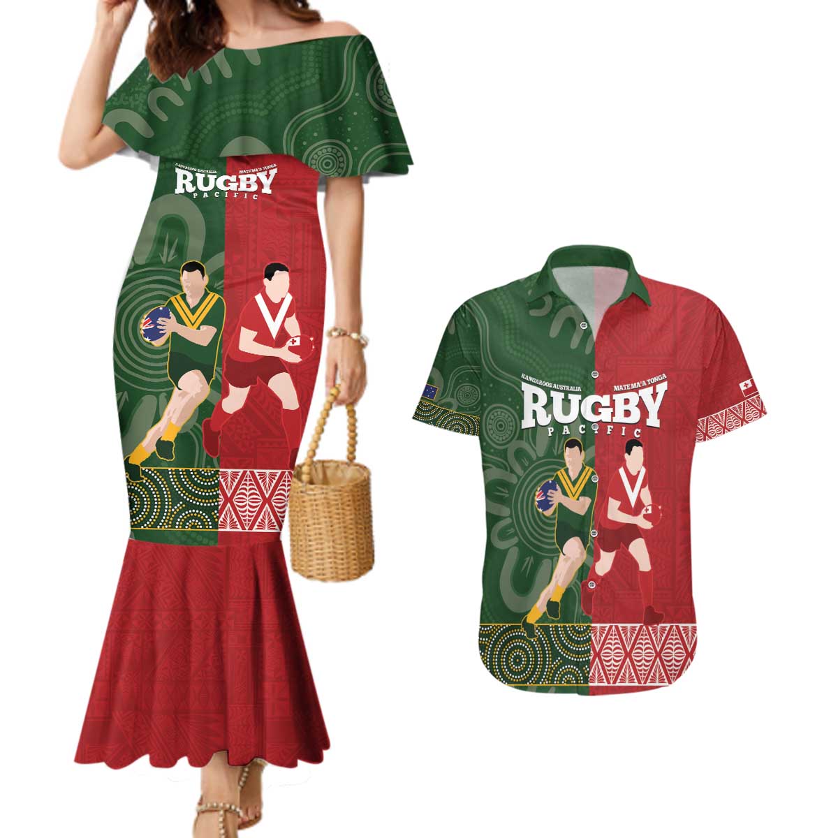 Custom Mate Maa Tonga And Kangaroo Australia Couples Matching Mermaid Dress and Hawaiian Shirt Tongan Kupesi Mix Aboriginal Art LT14 Green - Polynesian Pride