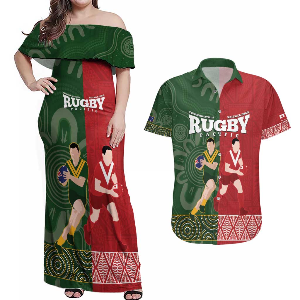 Custom Mate Maa Tonga And Kangaroo Australia Couples Matching Off Shoulder Maxi Dress and Hawaiian Shirt Tongan Kupesi Mix Aboriginal Art LT14 Green - Polynesian Pride