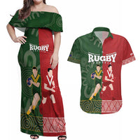 Custom Mate Maa Tonga And Kangaroo Australia Couples Matching Off Shoulder Maxi Dress and Hawaiian Shirt Tongan Kupesi Mix Aboriginal Art LT14 Green - Polynesian Pride